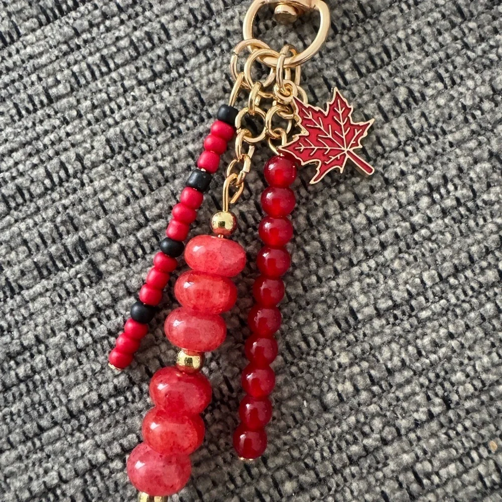 Red Canada Maple Leaf Handmade Beaded Bag Charm Keychain